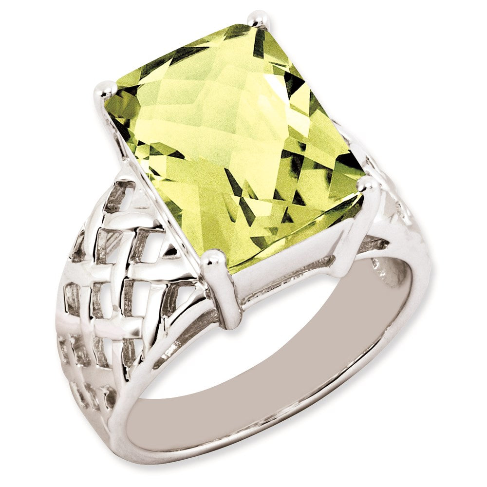 Sterling Silver Rhodium-plated Octagonal Checker-Cut Lemon Quartz Ring
