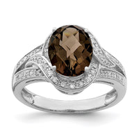 Load image into Gallery viewer, Sterling Silver Rhodium Diam. &amp; Oval Checker-Cut Smoky Quartz Ring
