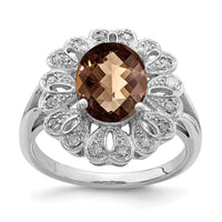 Load image into Gallery viewer, Sterling Silver Rhodium Diam. &amp; Checker-Cut Smoky Quartz Ring
