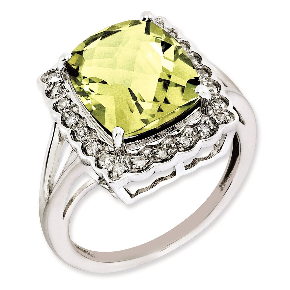 Sterling Silver Rhodium-plated Diamond & Checker-Cut Lemon Quartz Ring