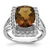 Sterling Silver Rhodium Diam. & Checker-Cut Whiskey Quartz Ring