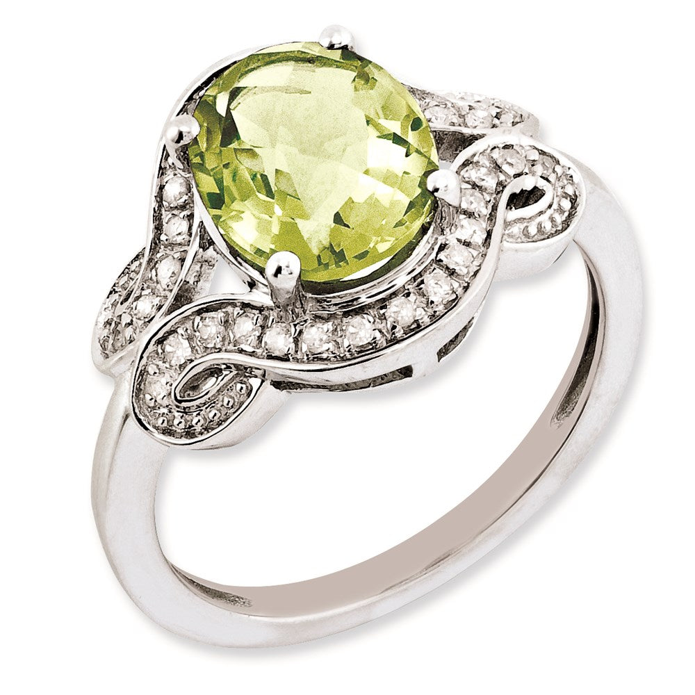 Sterling Silver Rhodium-plated Diamond & Oval Lemon Quartz Ring