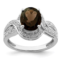 Load image into Gallery viewer, Sterling Silver Rhodium Diam. &amp; Oval Checker-Cut Smoky Quartz Ring
