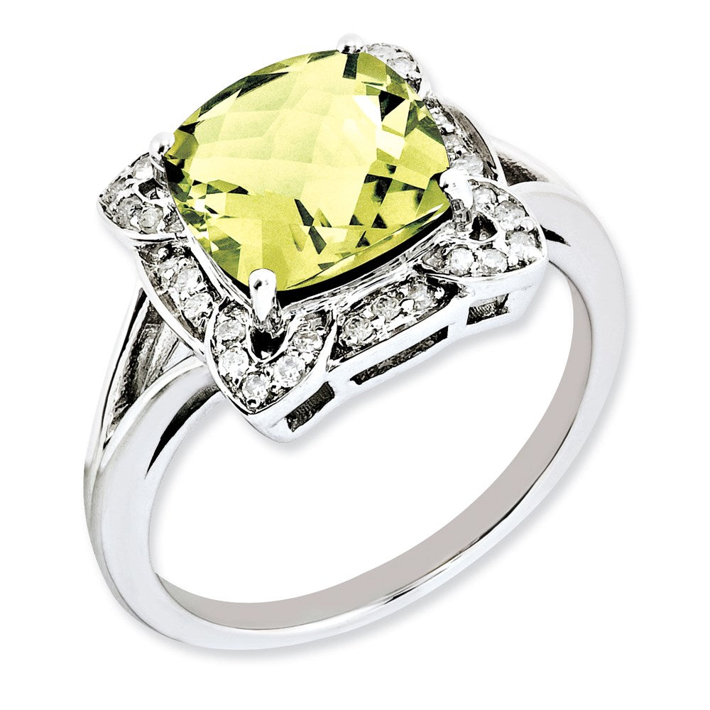 Sterling Silver Rhodium-plated Diamond & Checker-Cut Lemon Quartz Ring