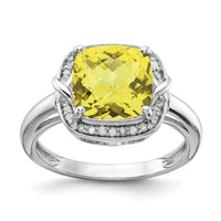 Load image into Gallery viewer, Sterling Silver Rhodium Diam. &amp; Checker-Cut Lemon Quartz Ring
