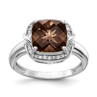 Load image into Gallery viewer, Sterling Silver Rhodium Diam. &amp; Checker-Cut Smoky Quartz Ring
