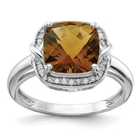 Load image into Gallery viewer, Sterling Silver Rhodium Diam. &amp; Checker-Cut Whiskey Quartz Ring
