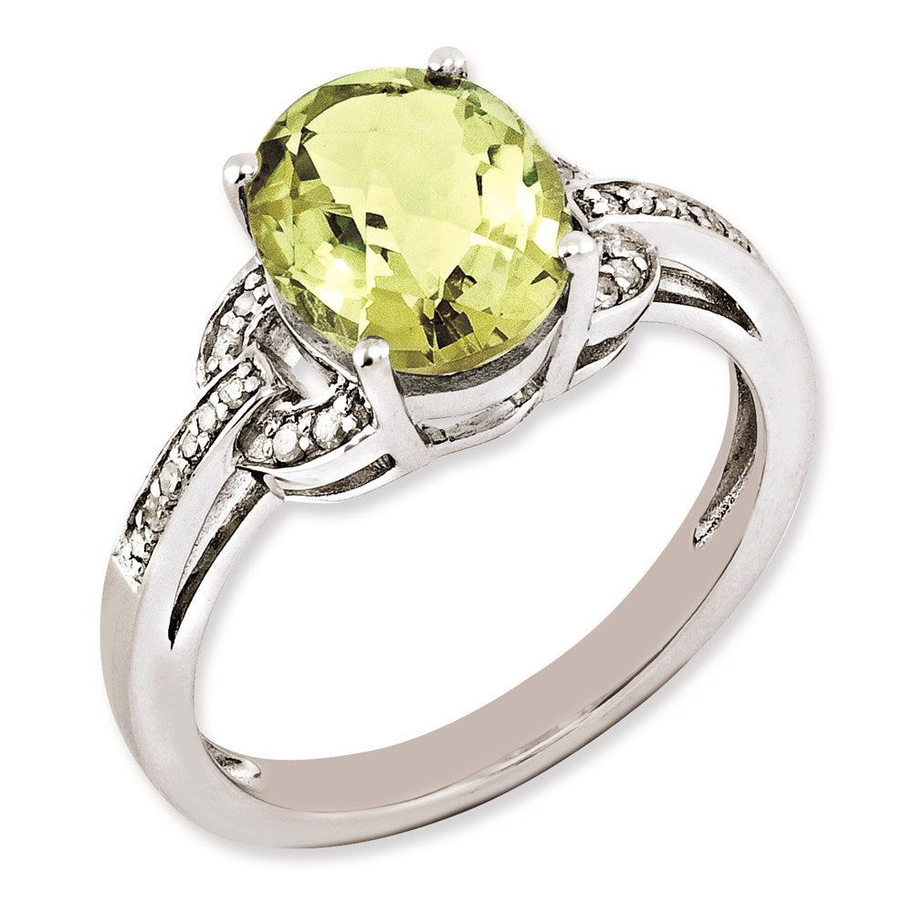 Sterling Silver Rhodium-plated Diamond & Oval Lemon Quartz Ring