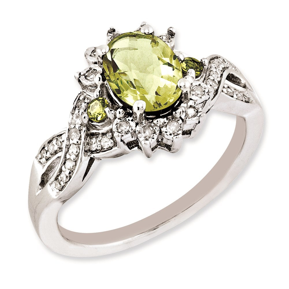 Sterling Silver Rhodium-plated Diamond & Oval Lemon Quartz Ring