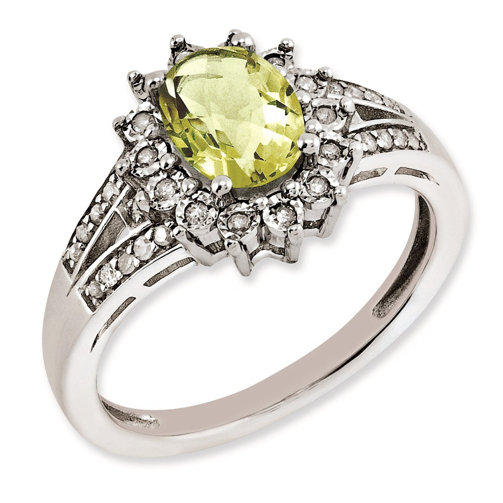 Sterling Silver RH-plated Diamond & Oval Checker-Cut Lemon Quartz Ring