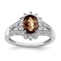Load image into Gallery viewer, Sterling Silver Rhodium Diam. &amp; Oval Checker-Cut Smoky Quartz Ring
