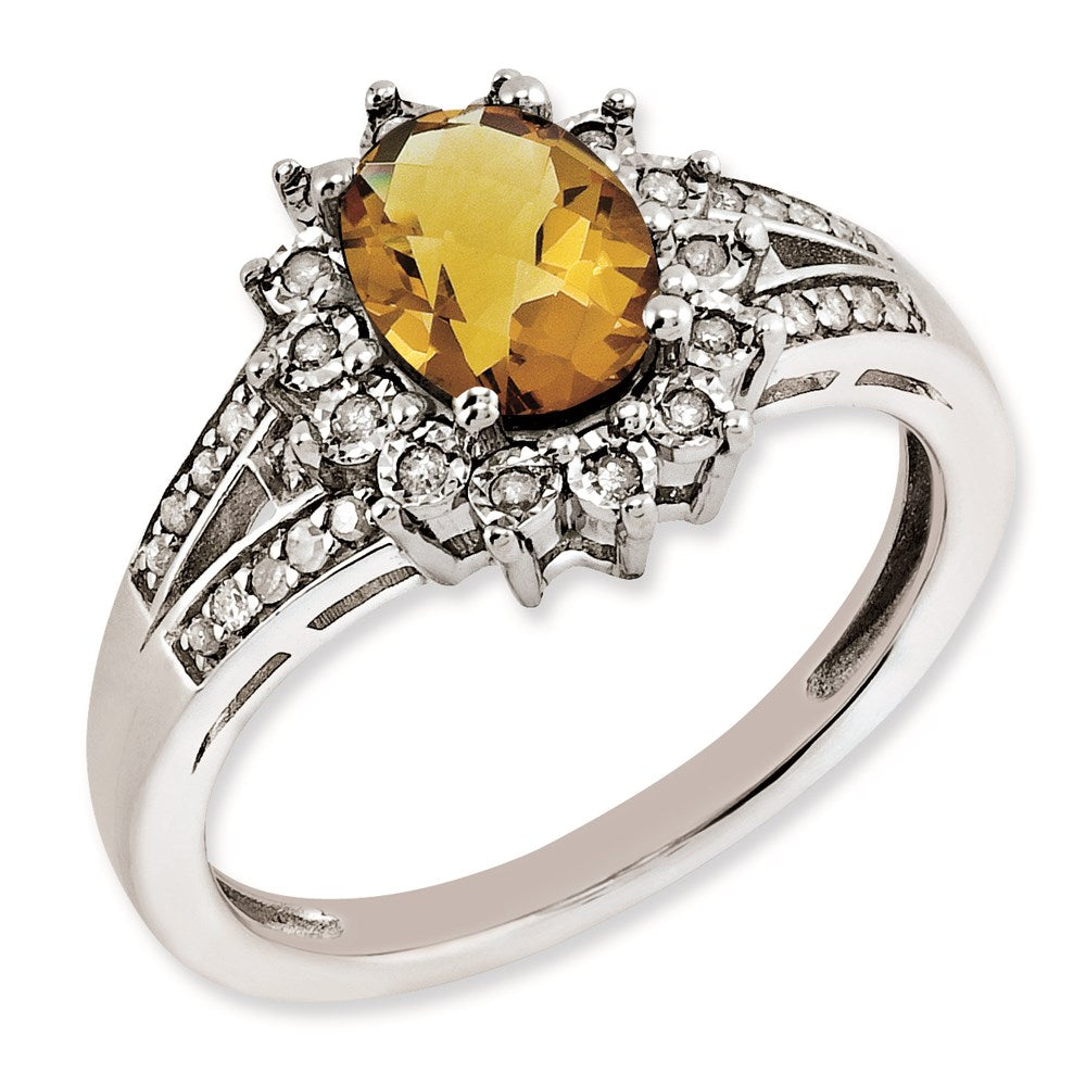 Sterling Silver RH-plated Diamond & Oval Checker-Cut Whiskey Quartz Ring