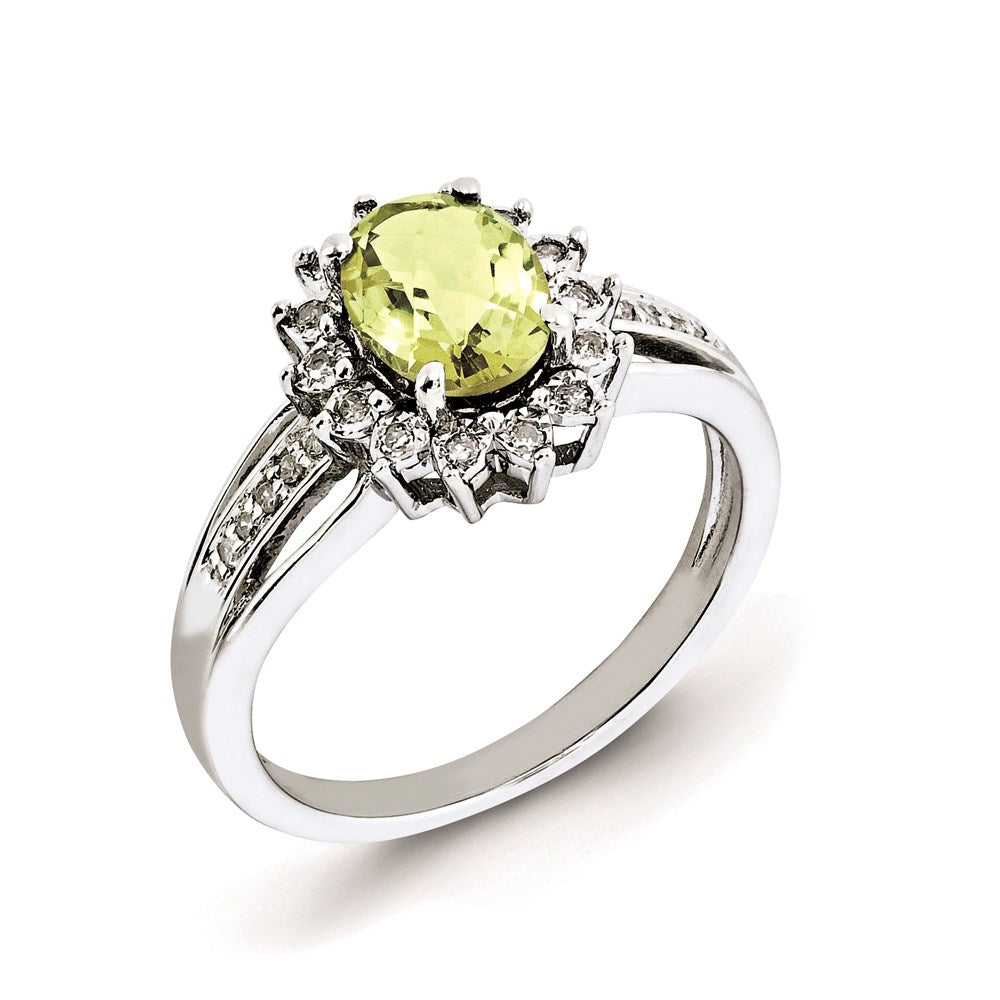 Sterling Silver Rhodium-plated Diamond & Oval Lemon Quartz Ring