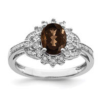 Load image into Gallery viewer, Sterling Silver Rhodium Diam. &amp; Oval Checker-Cut Smoky Quartz Ring
