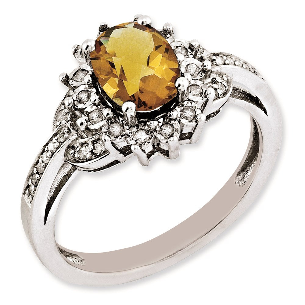 Sterling Silver RH-plated Diamond & Oval Checker-Cut Whiskey Quartz Ring