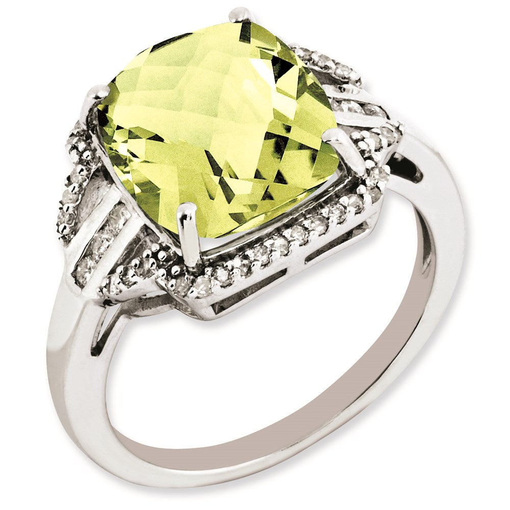 Sterling Silver Rhodium-plated Diamond & Checker-Cut Lemon Quartz Ring