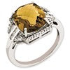 Sterling Silver RH-plated Diamond & Checker-Cut Whiskey Quartz Ring