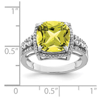 Load image into Gallery viewer, Sterling Silver Rhodium Diam. &amp; Checker-Cut Lemon Quartz Ring
