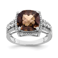 Load image into Gallery viewer, Sterling Silver Rhodium Diam. &amp; Checker-Cut Smoky Quartz Ring
