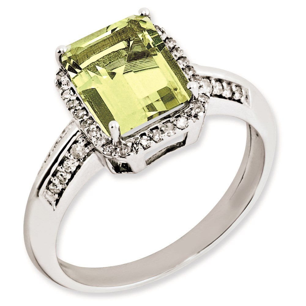 Sterling Silver Rhodium-plated Octagonal Diamond & Lemon Quartz Ring