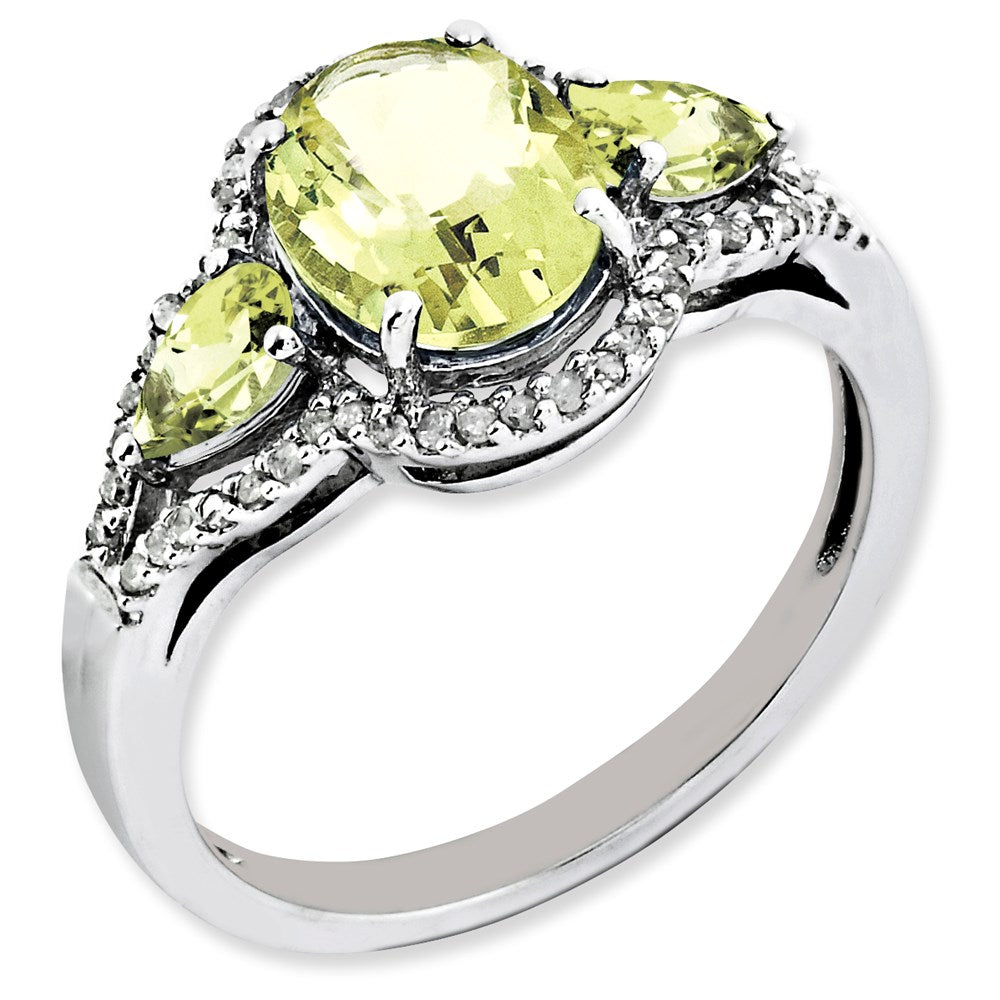 Sterling Silver Rhodium-plated Oval Diamond & Lemon Quartz Ring