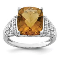 Load image into Gallery viewer, Sterling Silver Rhodium Diam. &amp; Checker-Cut Whiskey Quartz Ring
