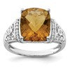 Sterling Silver Rhodium Diam. & Checker-Cut Whiskey Quartz Ring