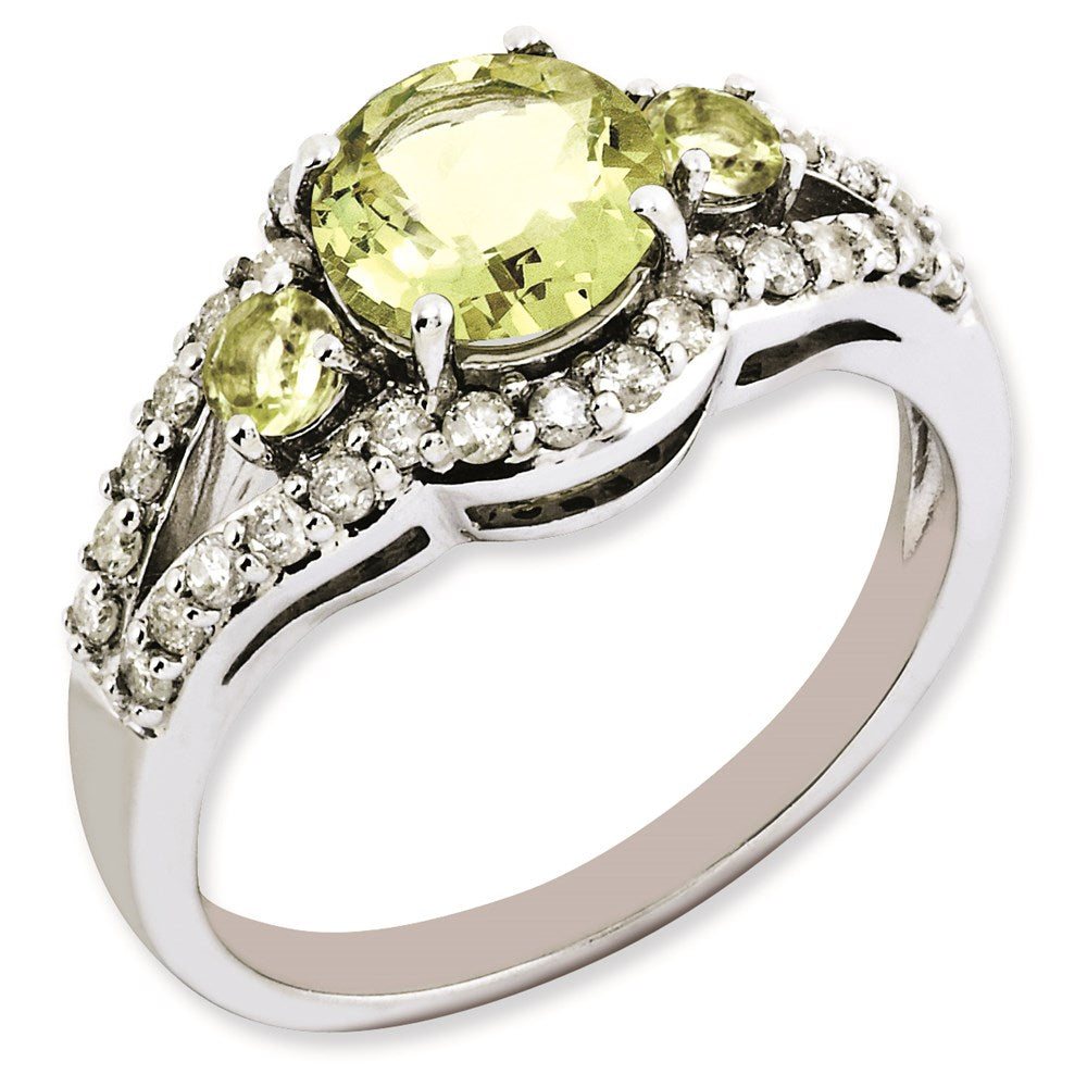 Sterling Silver Rhodium-plated Diamond & Lemon Quartz Ring