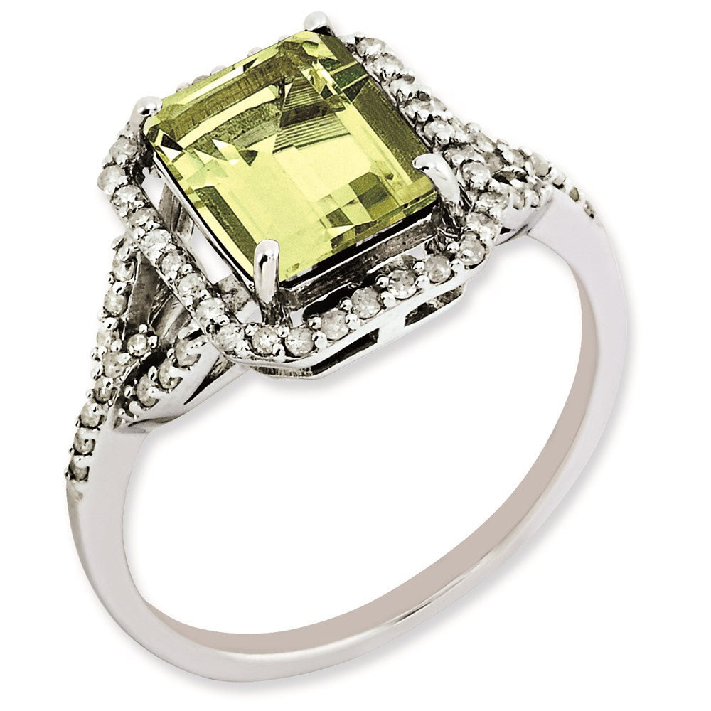 Sterling Silver Rhodium-plated Octagonal Diamond & Lemon Quartz Ring