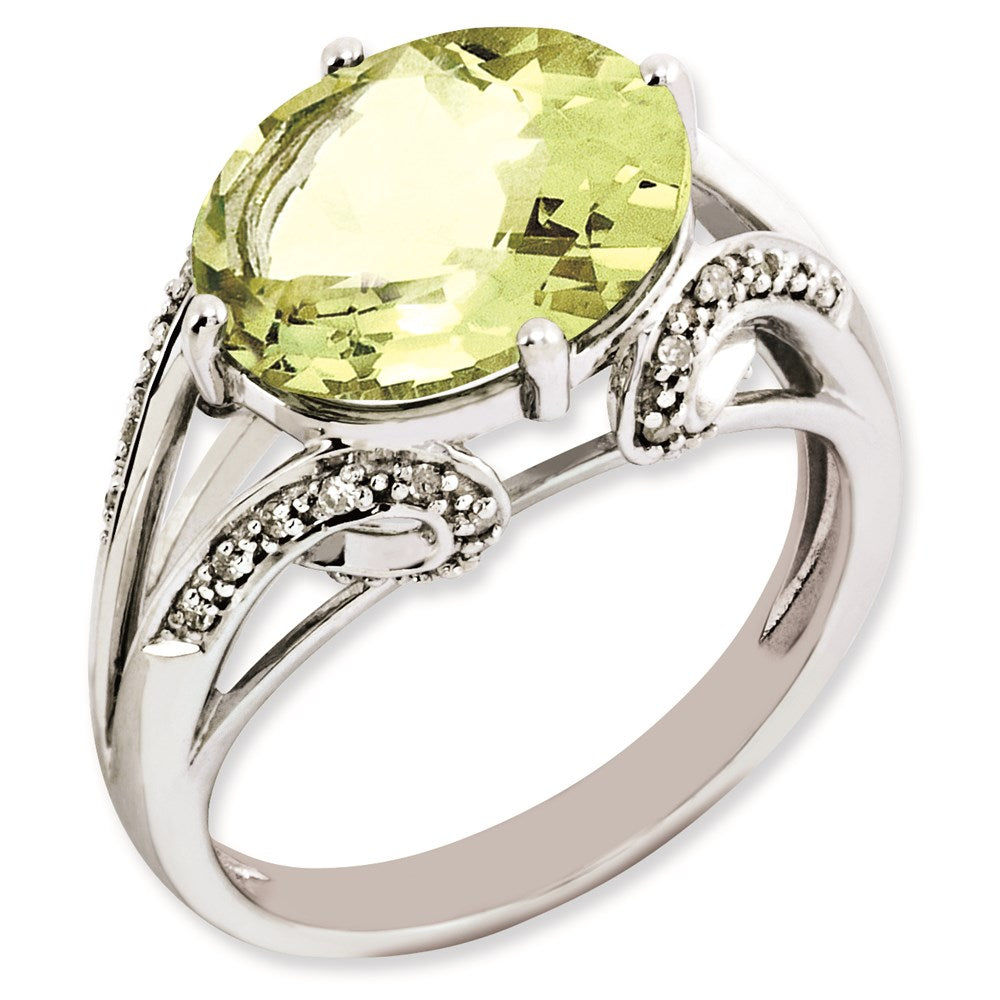 Sterling Silver Rhodium-plated Oval Diamond & Lemon Quartz Ring