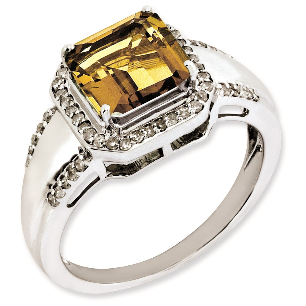 Sterling Silver Rhodium-plated Square Diamond & Whiskey Quartz Ring