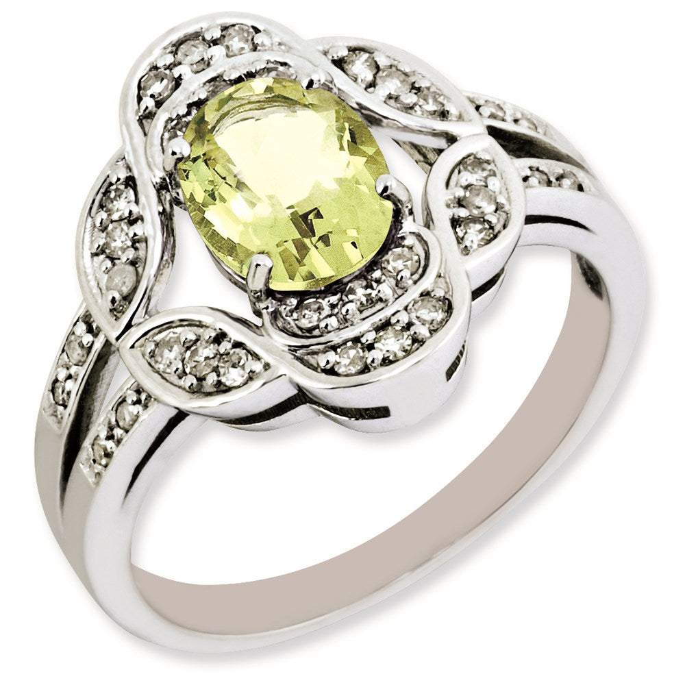 Sterling Silver Rhodium-plated Oval Diamond & Lemon Quartz Ring