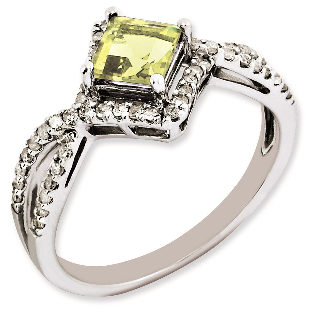 Sterling Silver Rhodium-plated Lemon Quartz & Diamond Ring