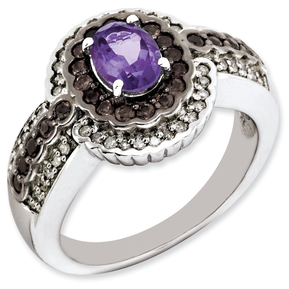 Sterling Silver RH-plated Amethyst and Smoky Quartz & Diamond Ring