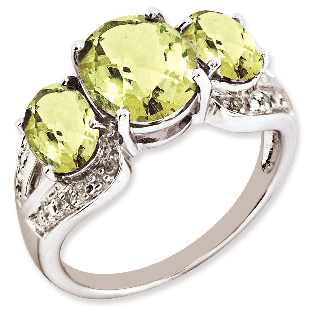 Sterling Silver RH-plated Oval Checker-Cut Lemon Quartz & Diamond Ring