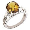 Sterling Silver RH-plated Oval Checker-Cut Whiskey Quartz & Diamond Ring