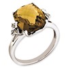Sterling Silver RH-plated Checker-Cut Whiskey Quartz & Diamond Ring
