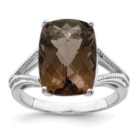 Load image into Gallery viewer, Sterling Silver Rhodium Checker-Cut Smoky Quartz Ring
