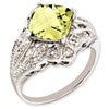 Sterling Silver Rhodium-plated Checker-Cut Lemon Quartz & Diamond Ring