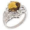 Sterling Silver RH-plated Checker-Cut Whiskey Quartz & Diamond Ring
