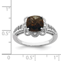 Load image into Gallery viewer, Sterling Silver Rhodium Checker-Cut Smoky Quartz &amp; Diam. Ring
