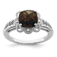 Load image into Gallery viewer, Sterling Silver Rhodium Checker-Cut Smoky Quartz &amp; Diam. Ring
