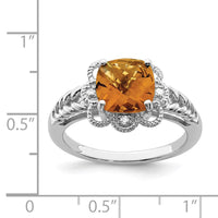 Load image into Gallery viewer, Sterling Silver Rhodium Checker-Cut Whiskey Quartz &amp; Diam. Ring
