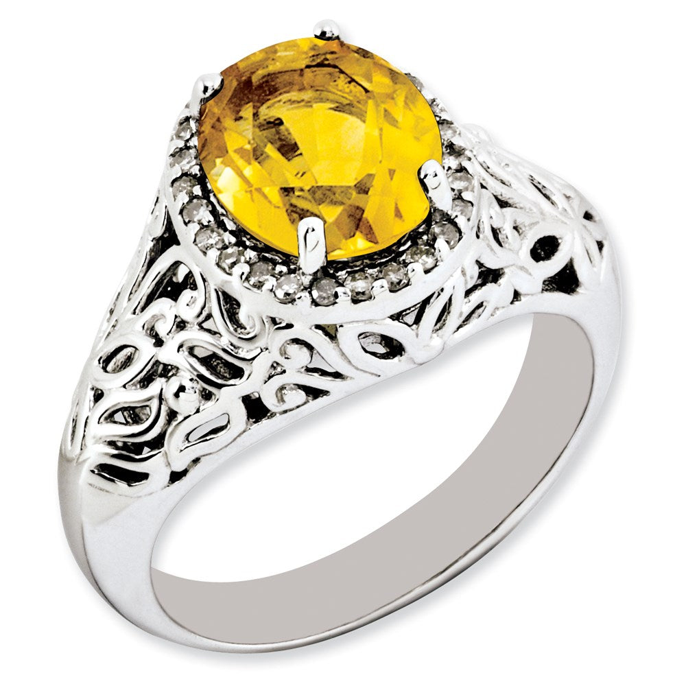 Sterling Silver Rhodium-plated Oval Citrine & Diamond Ring