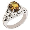 Sterling Silver Rhodium-plated Oval Whiskey Quartz & Diamond Ring