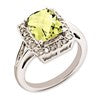 Sterling Silver Rhodium-plated Checker-Cut Lemon Quartz & Diamond Ring