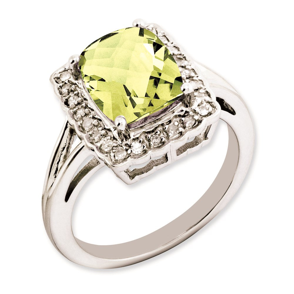 Sterling Silver Rhodium-plated Checker-Cut Lemon Quartz & Diamond Ring