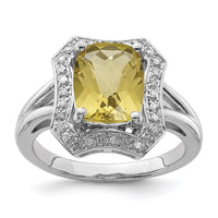 Load image into Gallery viewer, Sterling Silver Rhodium Checker-Cut Lemon Quartz &amp; Diam. Ring
