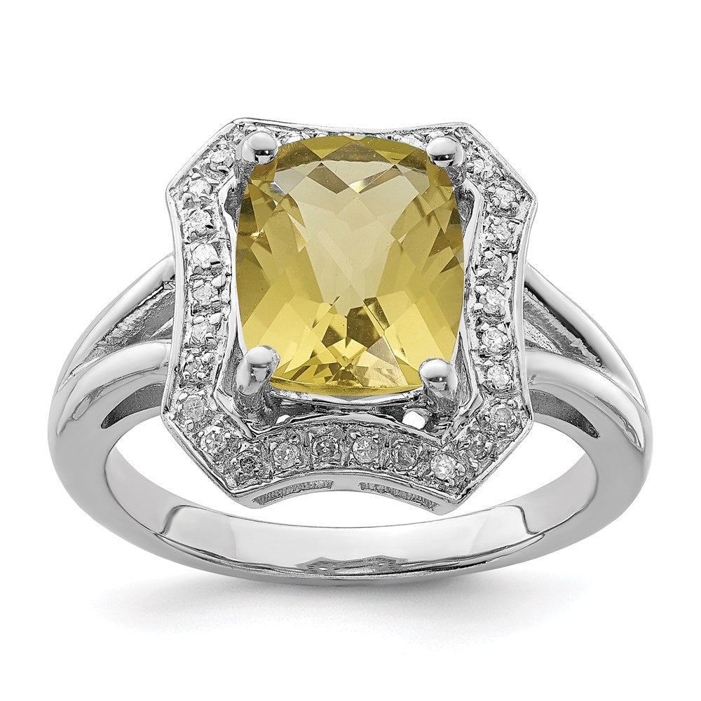 Sterling Silver Rhodium Checker-Cut Lemon Quartz & Diam. Ring