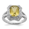 Sterling Silver Rhodium Checker-Cut Lemon Quartz & Diam. Ring